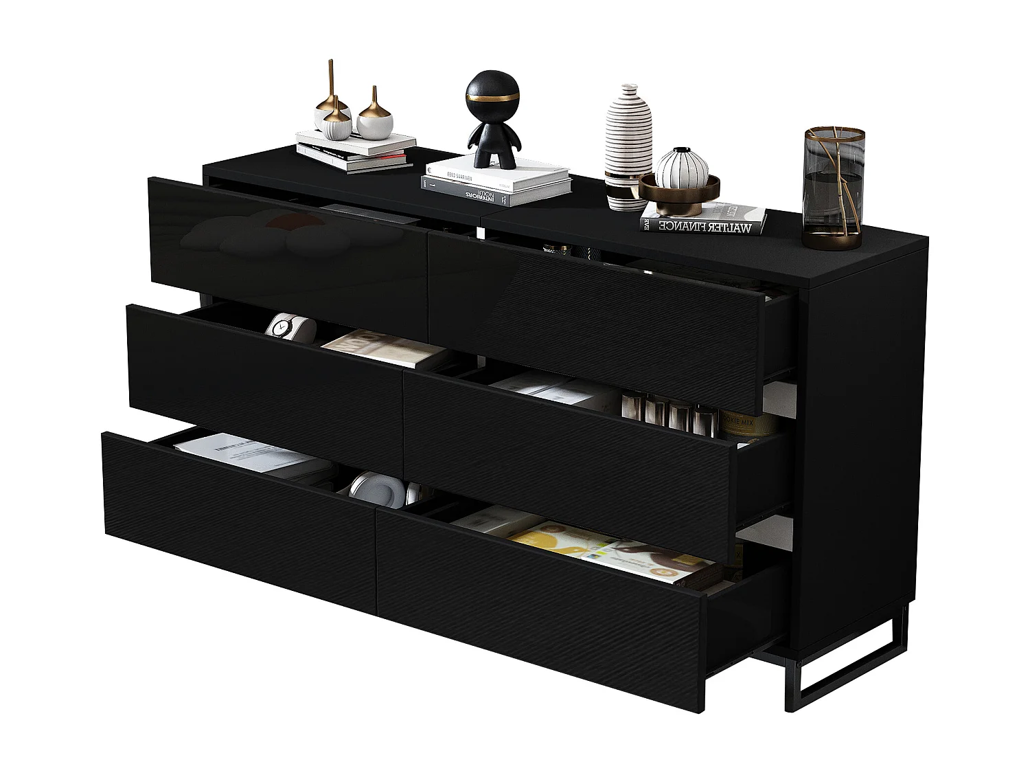 Nowoczesna, błyszcząca komoda – komoda z 6 szufladami i metalowymi nogami – biała i czarna