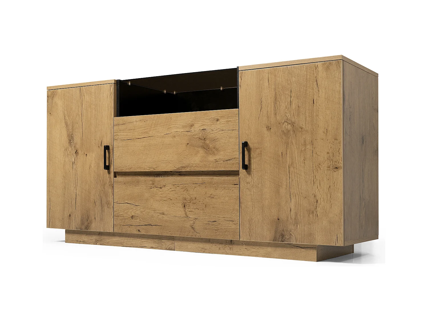 Commode 2 tiroirs - Commode 2 portes et 1 compartiment ouvert - verre et poignées noir