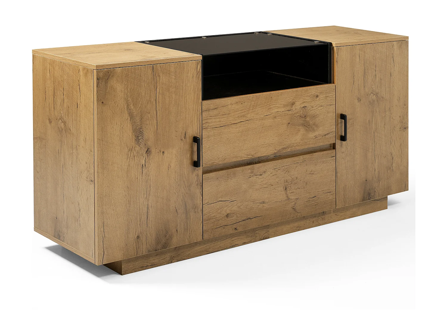 Commode 2 tiroirs - Commode 2 portes et 1 compartiment ouvert - verre et poignées noir