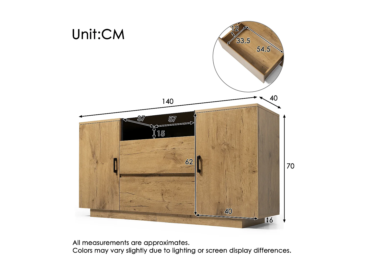 Commode 2 tiroirs - Commode 2 portes et 1 compartiment ouvert - verre et poignées noir