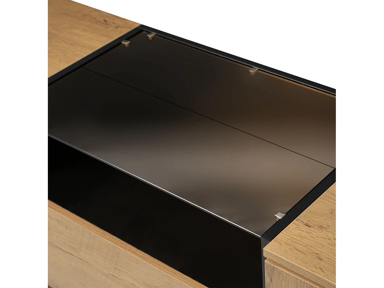 Commode 2 tiroirs - Commode 2 portes et 1 compartiment ouvert - verre et poignées noir