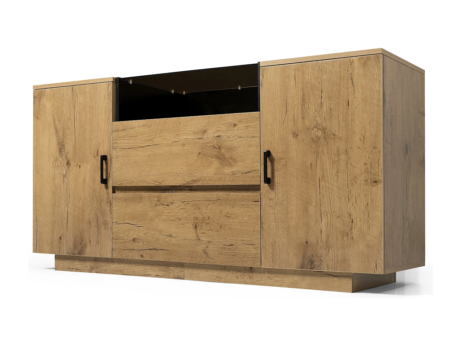 Commode 2 tiroirs - Commode 2 portes et 1 compartiment ouvert - verre et poignées noir