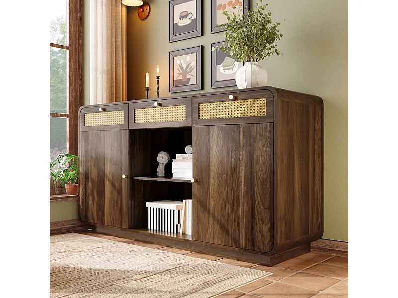 3-ladenkast - 2-deurs dressoir met 2 open opbergvakken - gouden handgrepen - walnoot