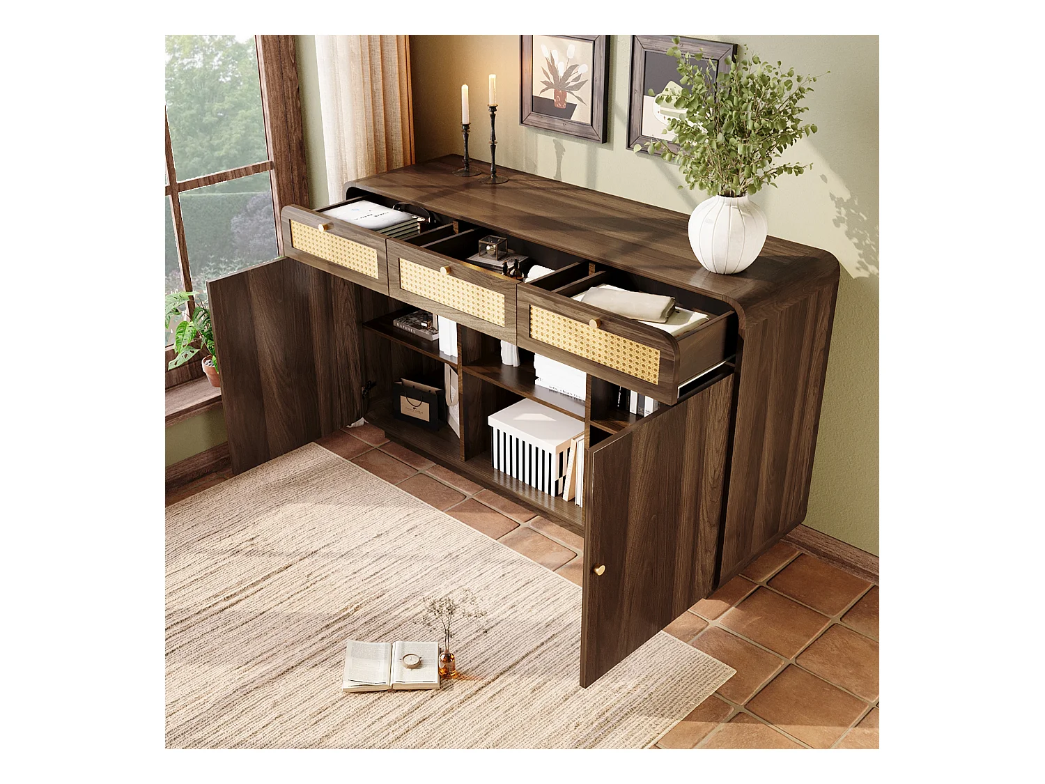 Commode 3 tiroirs - Buffet 2 portes et 2 compartiments de rangement ouverts - poignées dorées - noyer