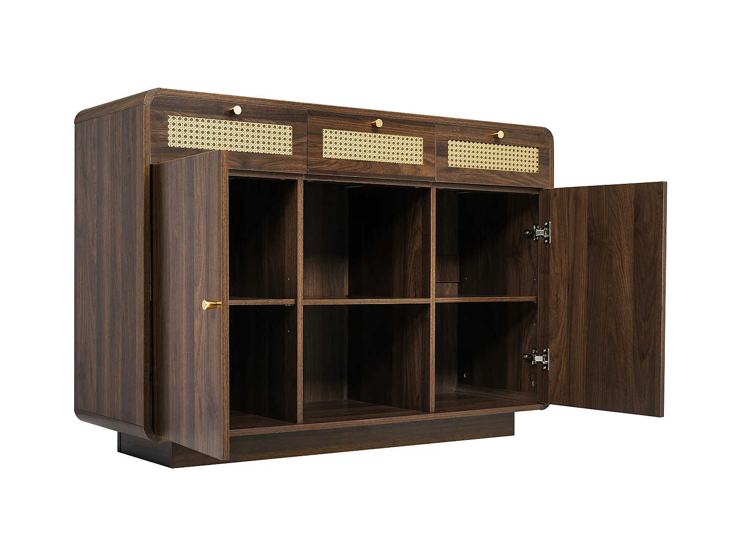 Commode 3 tiroirs - Buffet 2 portes et 2 compartiments de rangement ouverts - poignées dorées - noyer