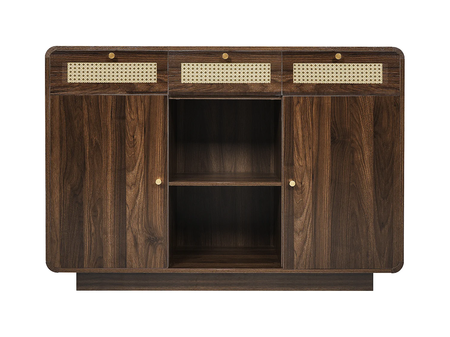 Commode 3 tiroirs - Buffet 2 portes et 2 compartiments de rangement ouverts - poignées dorées - noyer