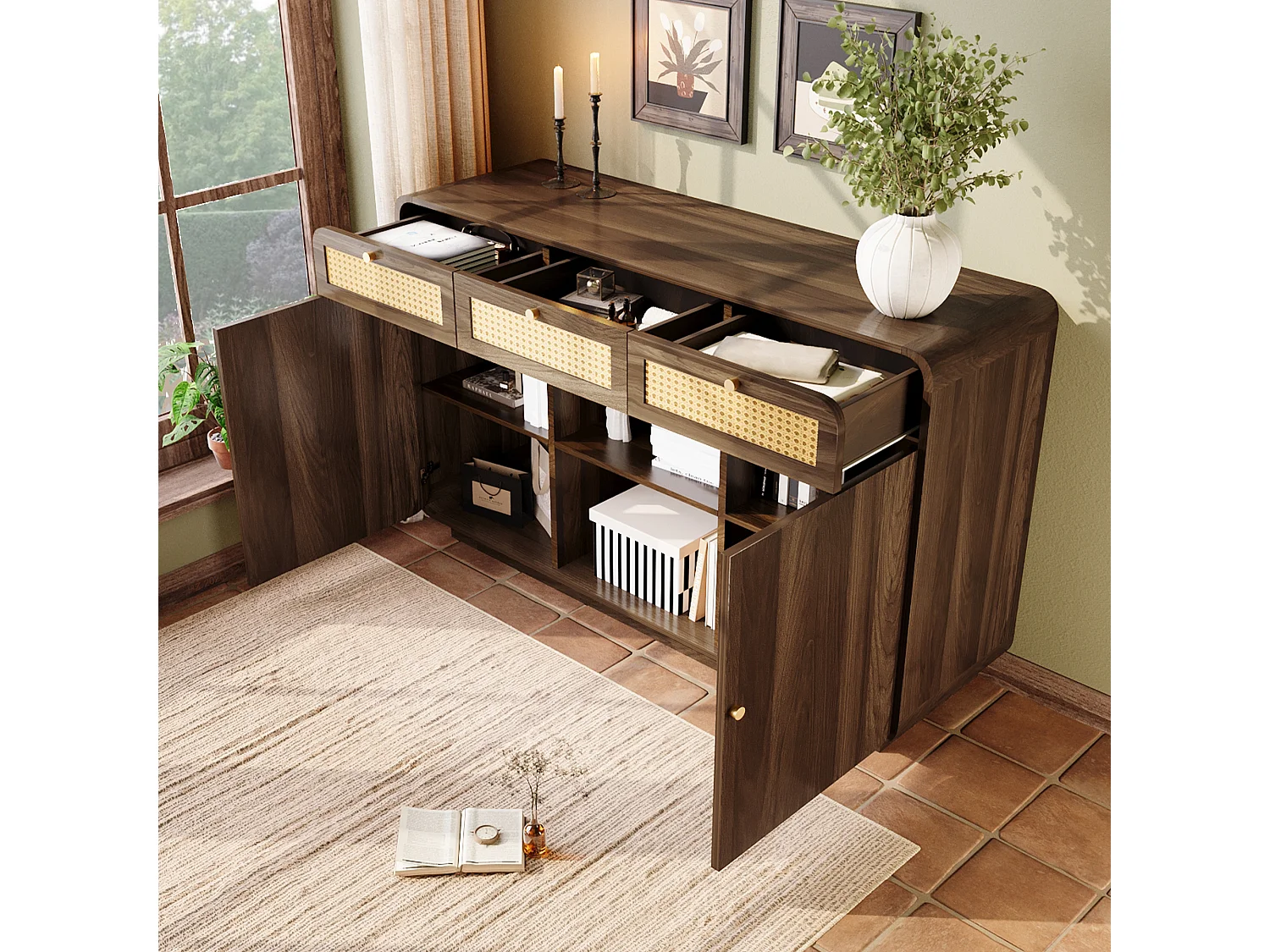 Cassettiera 3 cassetti - Credenza 2 ante con 2 vani portaoggetti aperti - maniglie dorate - noce