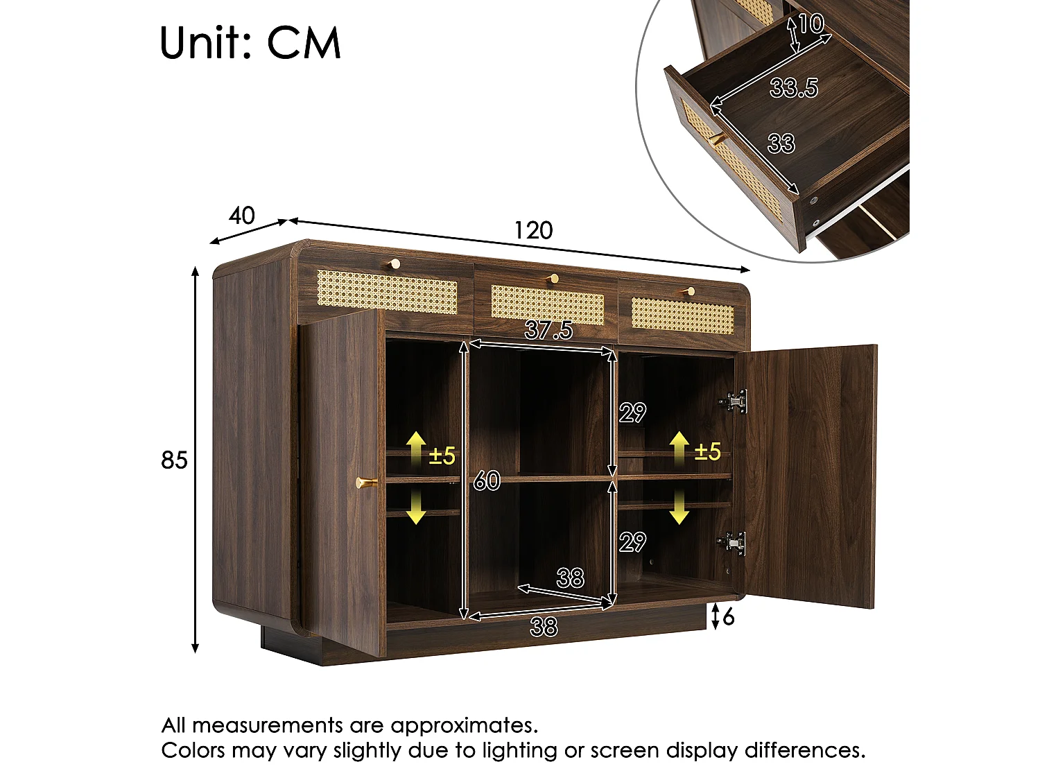 Cassettiera 3 cassetti - Credenza 2 ante con 2 vani portaoggetti aperti - maniglie dorate - noce