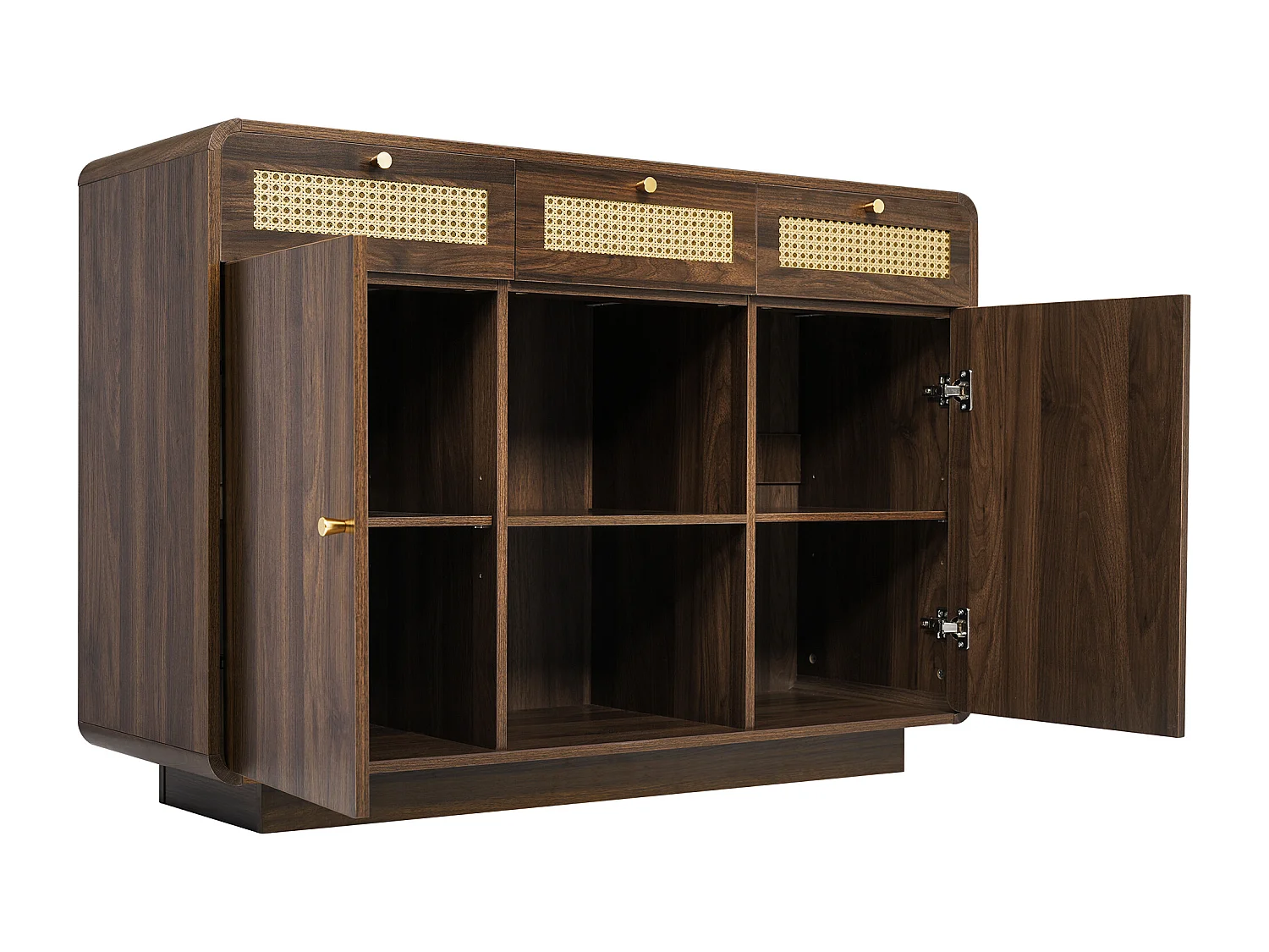 Cassettiera 3 cassetti - Credenza 2 ante con 2 vani portaoggetti aperti - maniglie dorate - noce