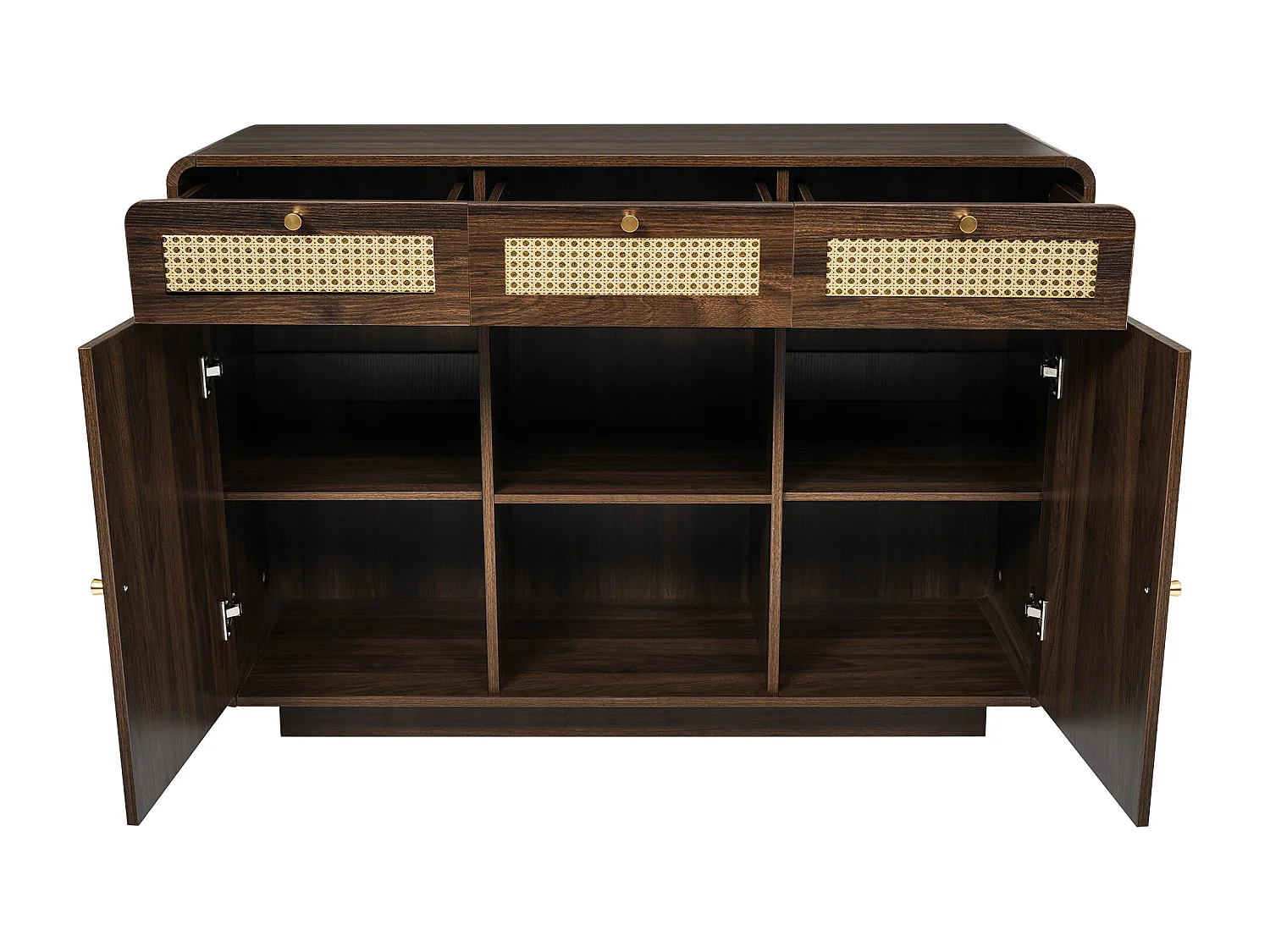 Cassettiera 3 cassetti - Credenza 2 ante con 2 vani portaoggetti aperti - maniglie dorate - noce
