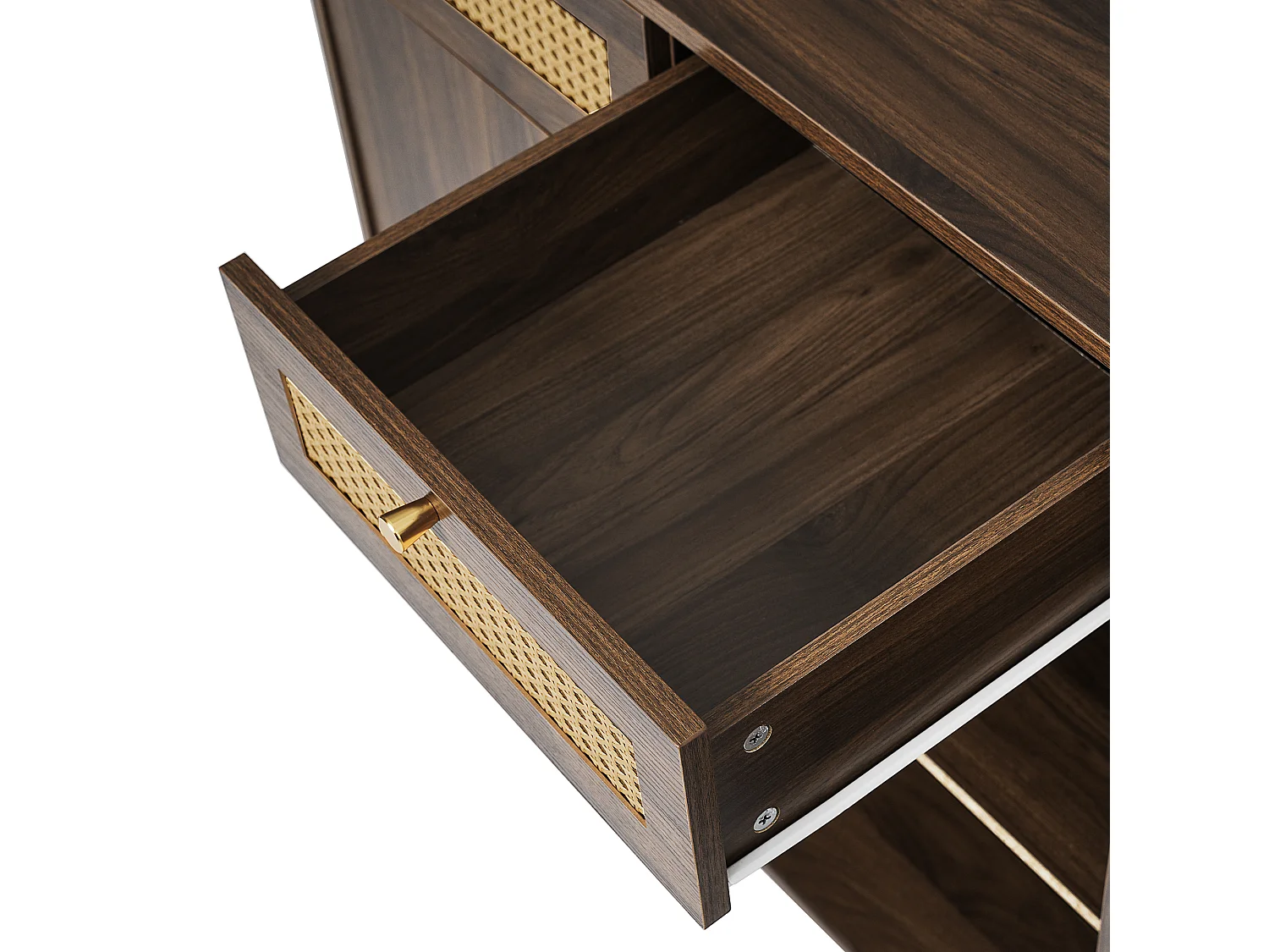 Cassettiera 3 cassetti - Credenza 2 ante con 2 vani portaoggetti aperti - maniglie dorate - noce