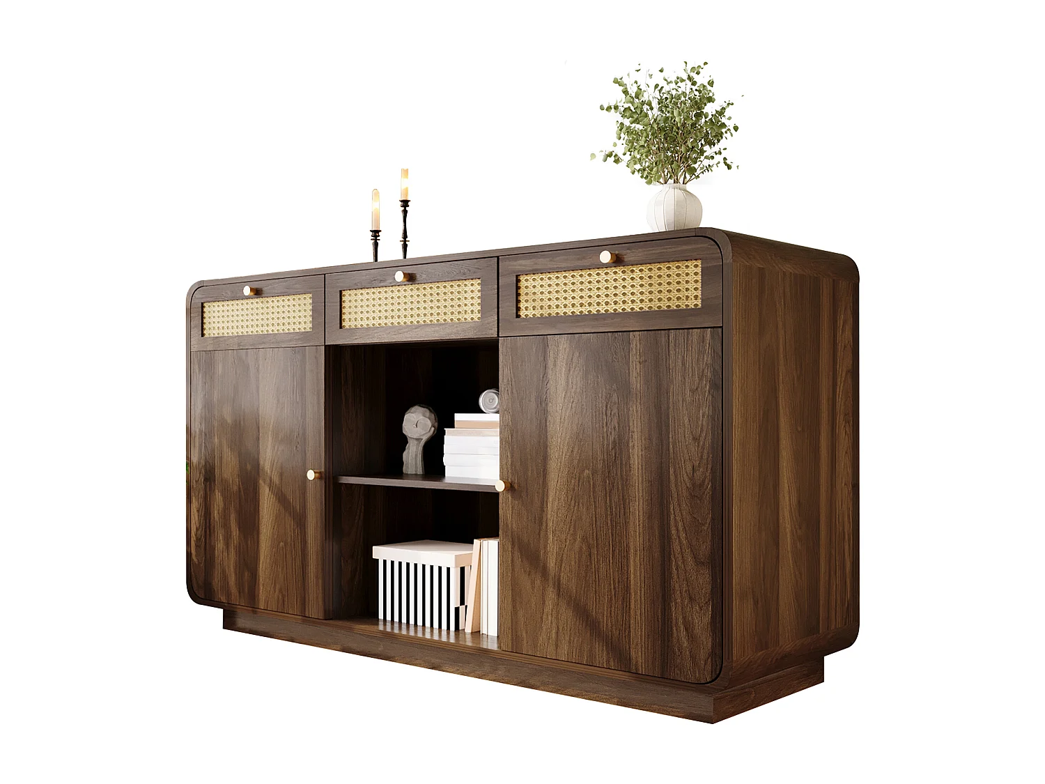 Cassettiera 3 cassetti - Credenza 2 ante con 2 vani portaoggetti aperti - maniglie dorate - noce