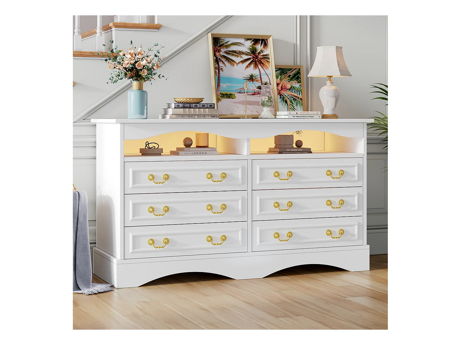 Commode avec éclairage LED - Commode à 6 tiroirs avec poignées dorées - rangements ouverts