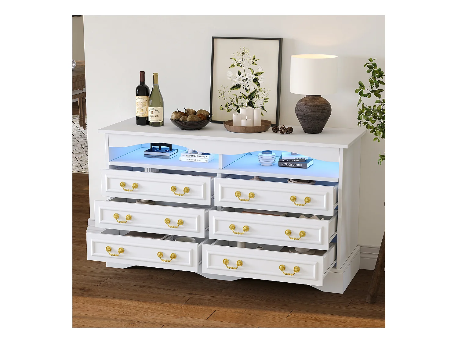 Commode avec éclairage LED - Commode à 6 tiroirs avec poignées dorées - rangements ouverts