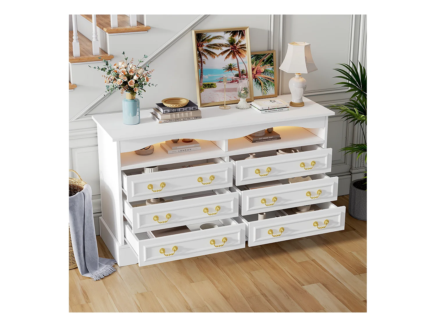 Commode avec éclairage LED - Commode à 6 tiroirs avec poignées dorées - rangements ouverts