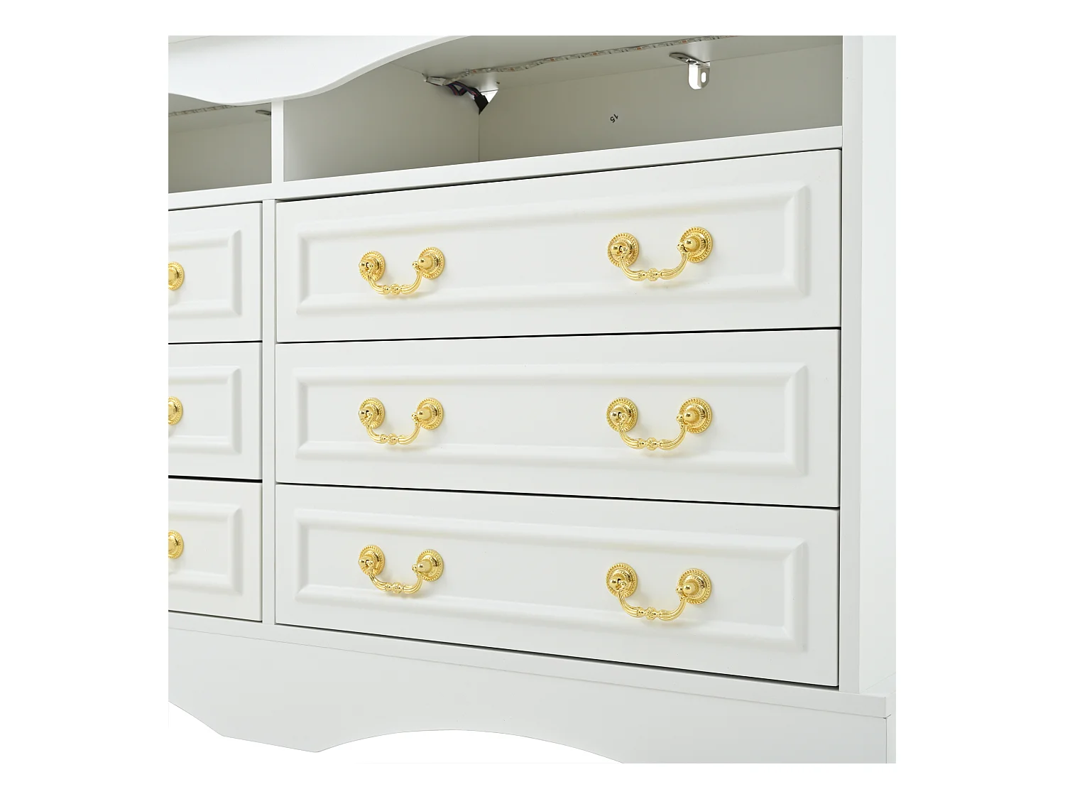 Commode avec éclairage LED - Commode à 6 tiroirs avec poignées dorées - rangements ouverts