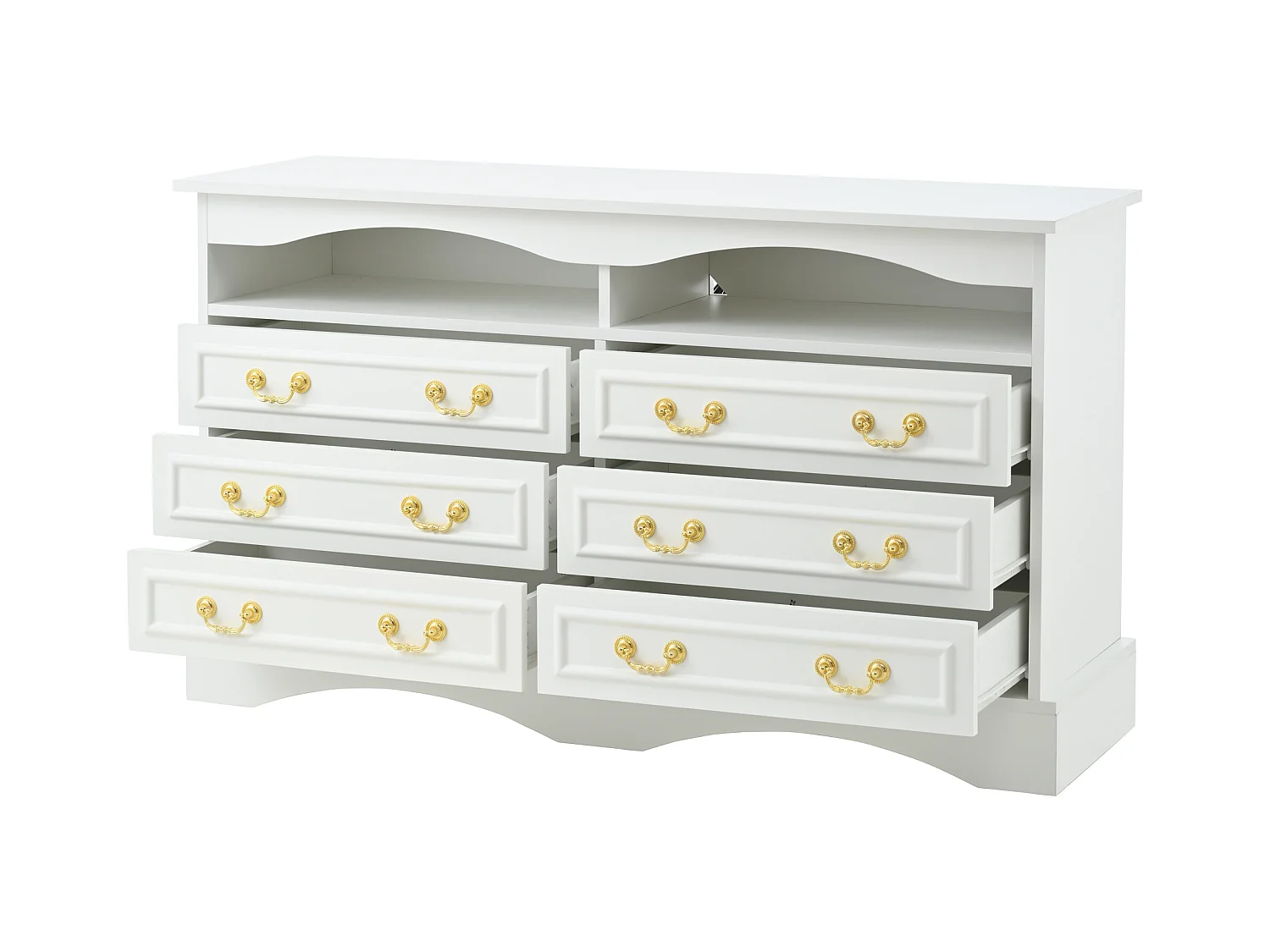 Commode avec éclairage LED - Commode à 6 tiroirs avec poignées dorées - rangements ouverts