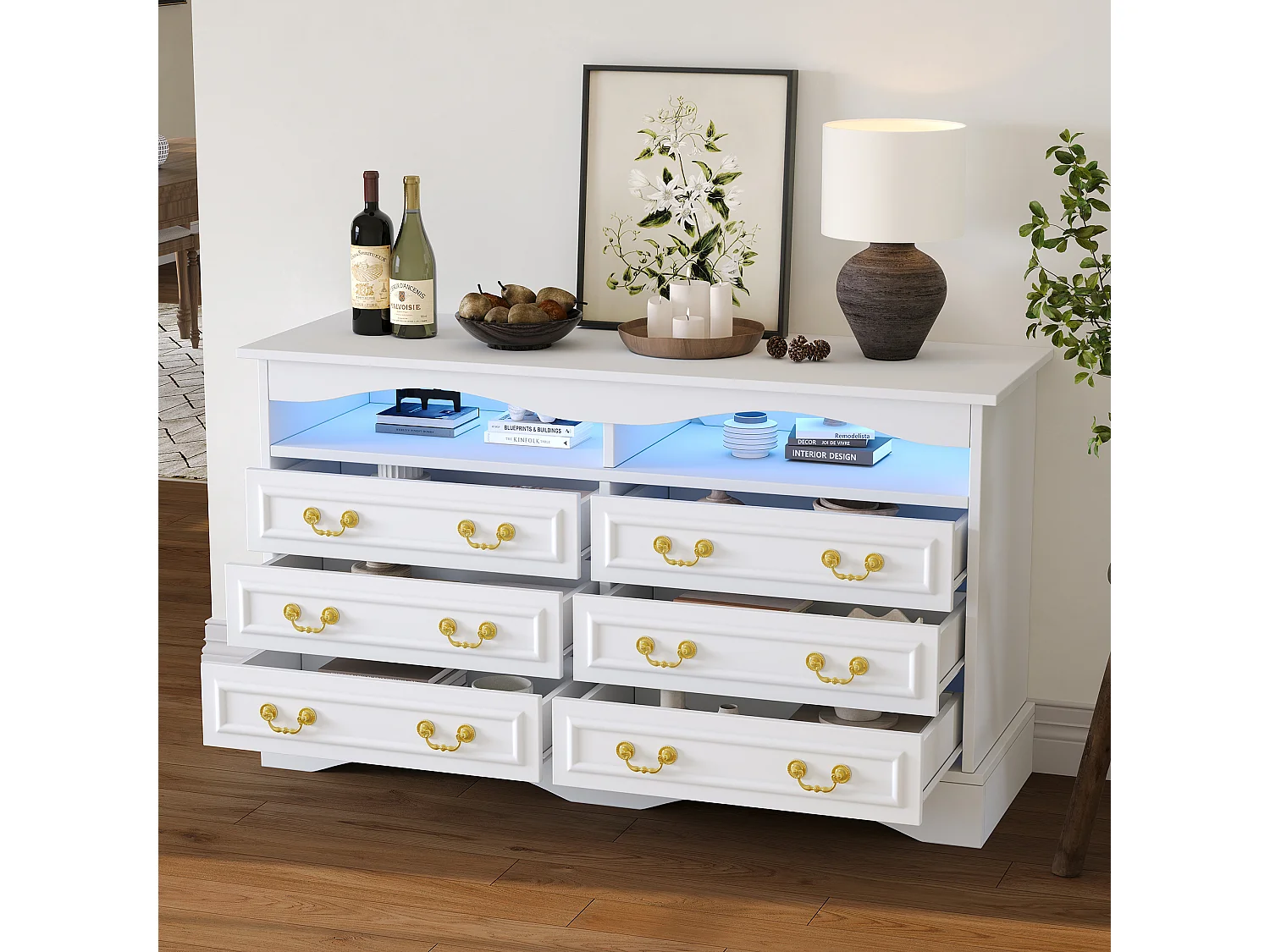 Komoda z oświetleniem LED - Komoda 6-szufladowa ze złotymi uchwytami - otwarta przestrzeń do przechowywania