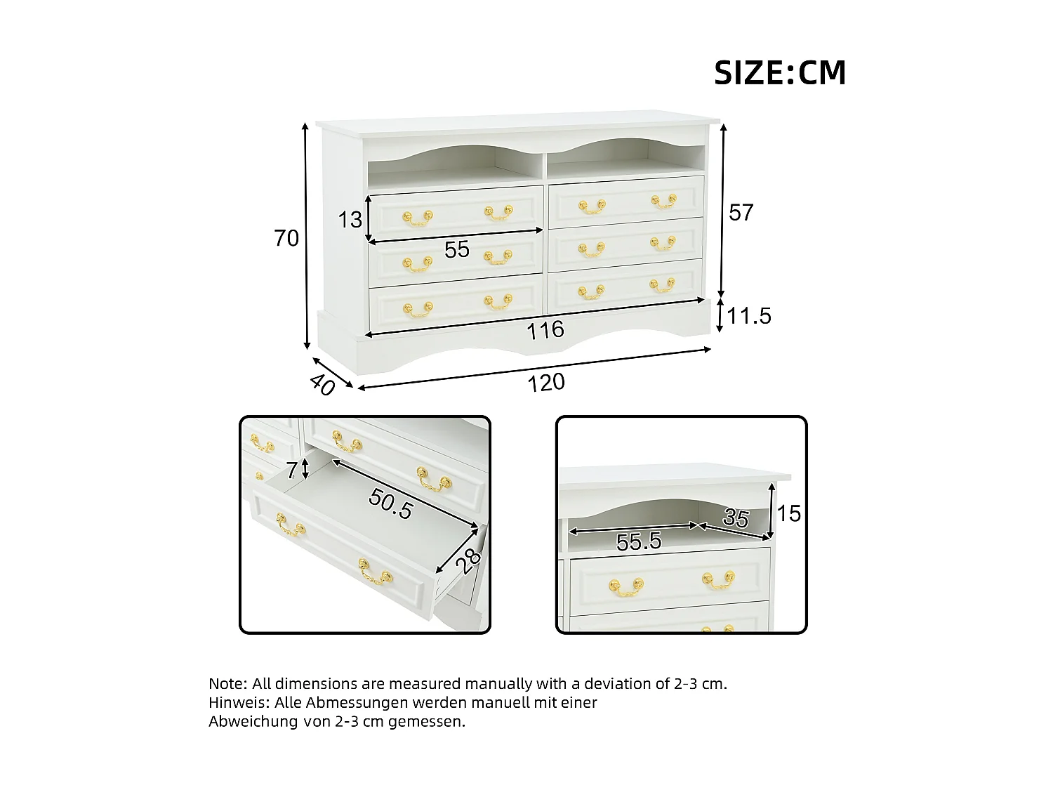 Komoda z oświetleniem LED - Komoda 6-szufladowa ze złotymi uchwytami - otwarta przestrzeń do przechowywania