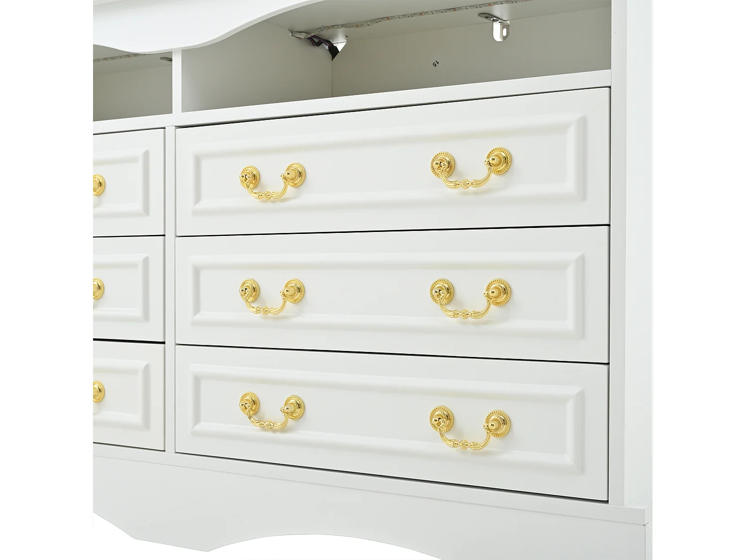 Komoda z oświetleniem LED - Komoda 6-szufladowa ze złotymi uchwytami - otwarta przestrzeń do przechowywania