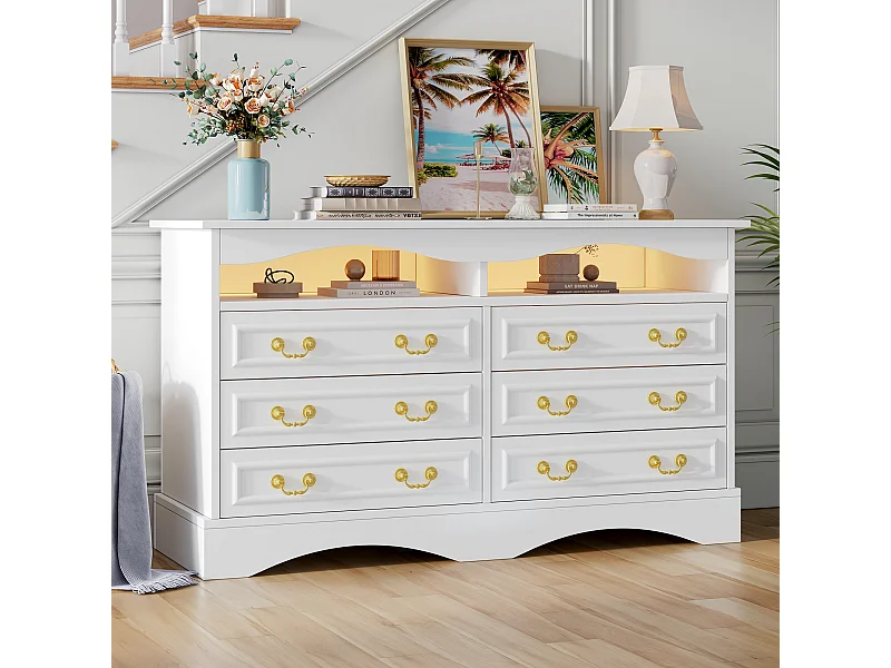 Commode avec éclairage LED - Commode à 6 tiroirs avec poignées dorées - rangements ouverts