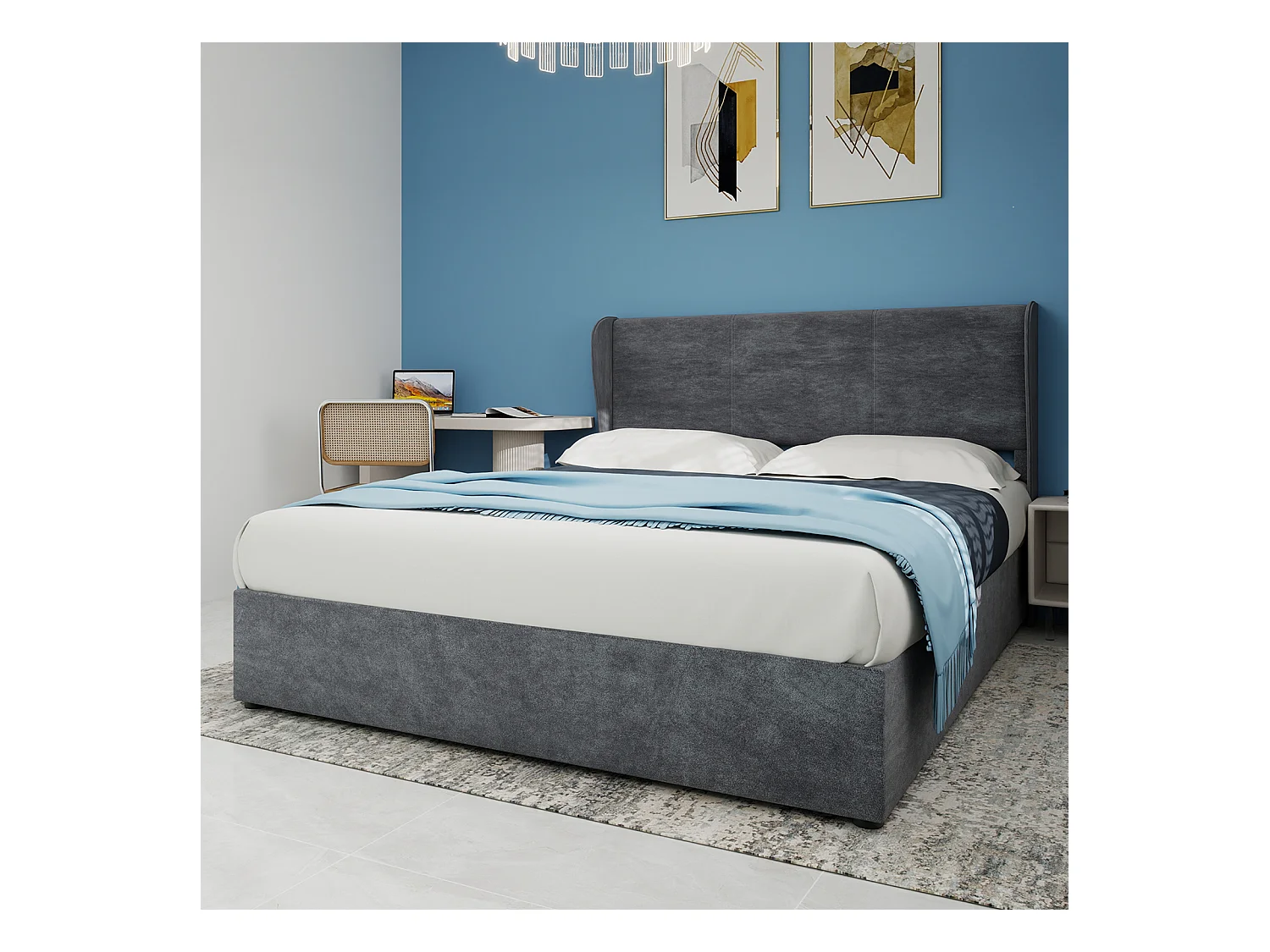 Lit coffre 160 x 200 cm - Lit adulte avec vérin et tête de lit moelleuse - velours gris - matelas non inclus