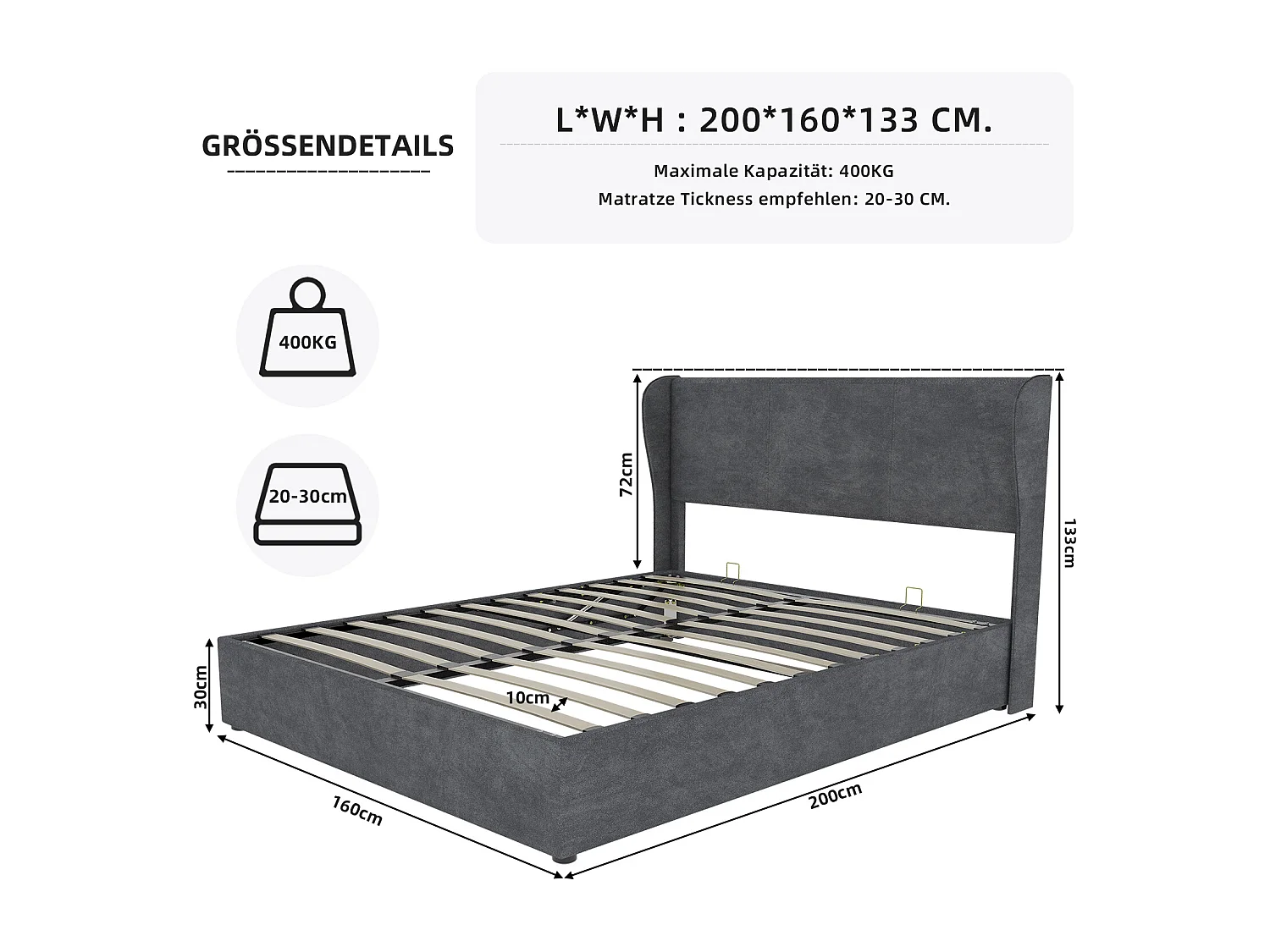 Lit coffre 160 x 200 cm - Lit adulte avec vérin et tête de lit moelleuse - velours gris - matelas non inclus