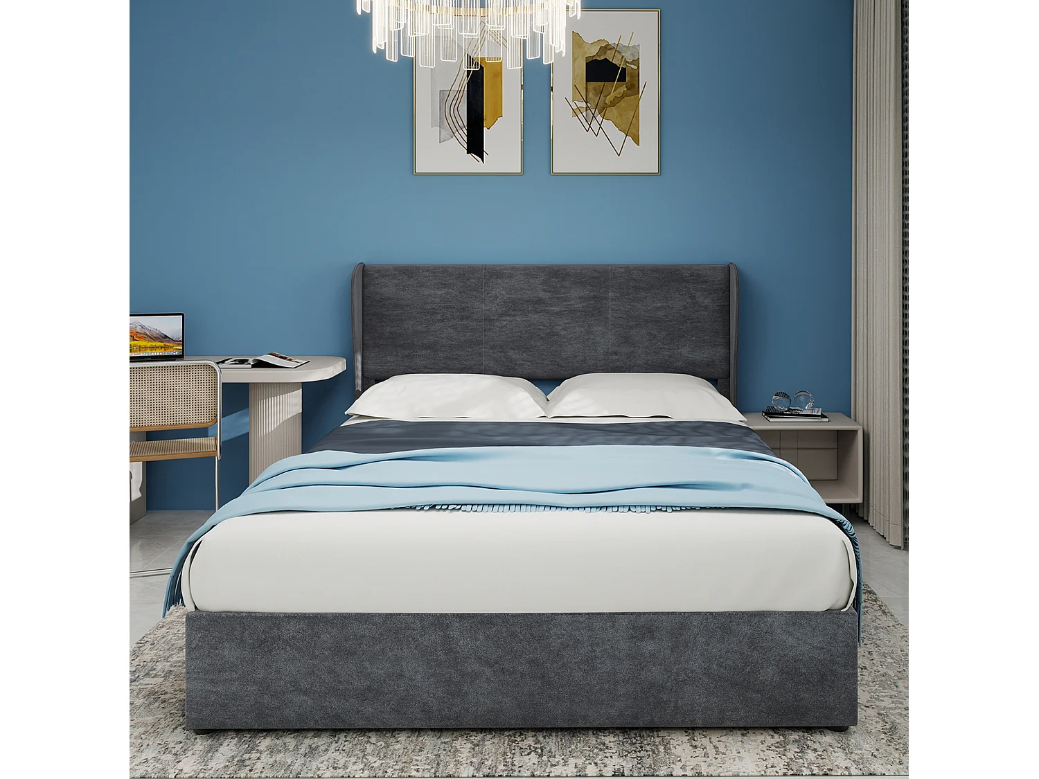 Lit coffre 160 x 200 cm - Lit adulte avec vérin et tête de lit moelleuse - velours gris - matelas non inclus