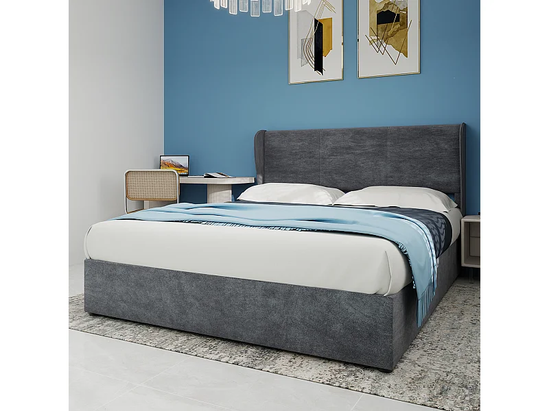 Cama com arrumação 160 x 200 cm - Cama de adulto com macaco e cabeceira macia - veludo cinzento - colchão não incluído