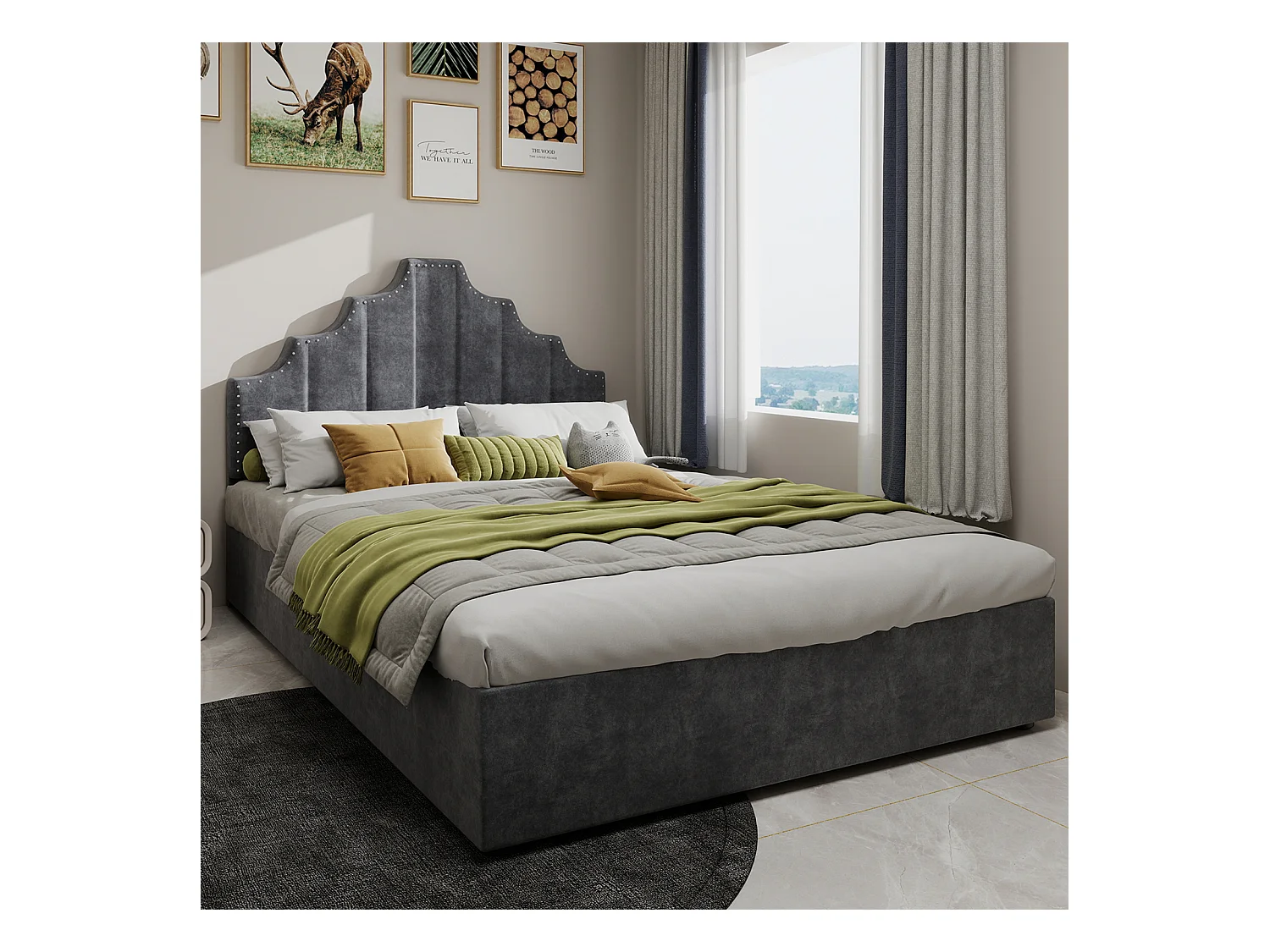 Lit coffre 160 x 200 cm - Lit adulte avec tête de lit moelleuse et rangement - velours hollandais gris - matelas non inclus