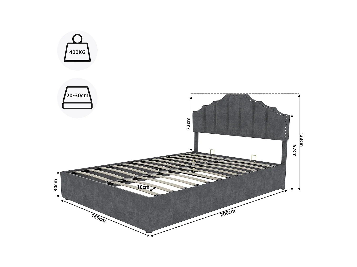 Lit coffre 160 x 200 cm - Lit adulte avec tête de lit moelleuse et rangement - velours hollandais gris - matelas non inclus