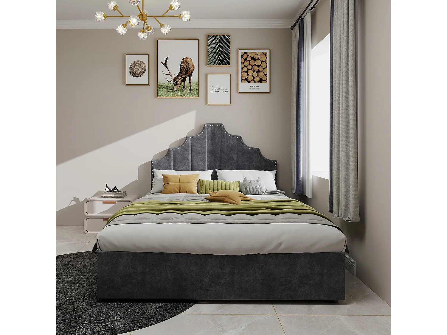 Cama con canapé 160 x 200 cm - Cama para adultos con cabecero suave y espacio de almacenaje - terciopelo holandés gris - colchón no incluido