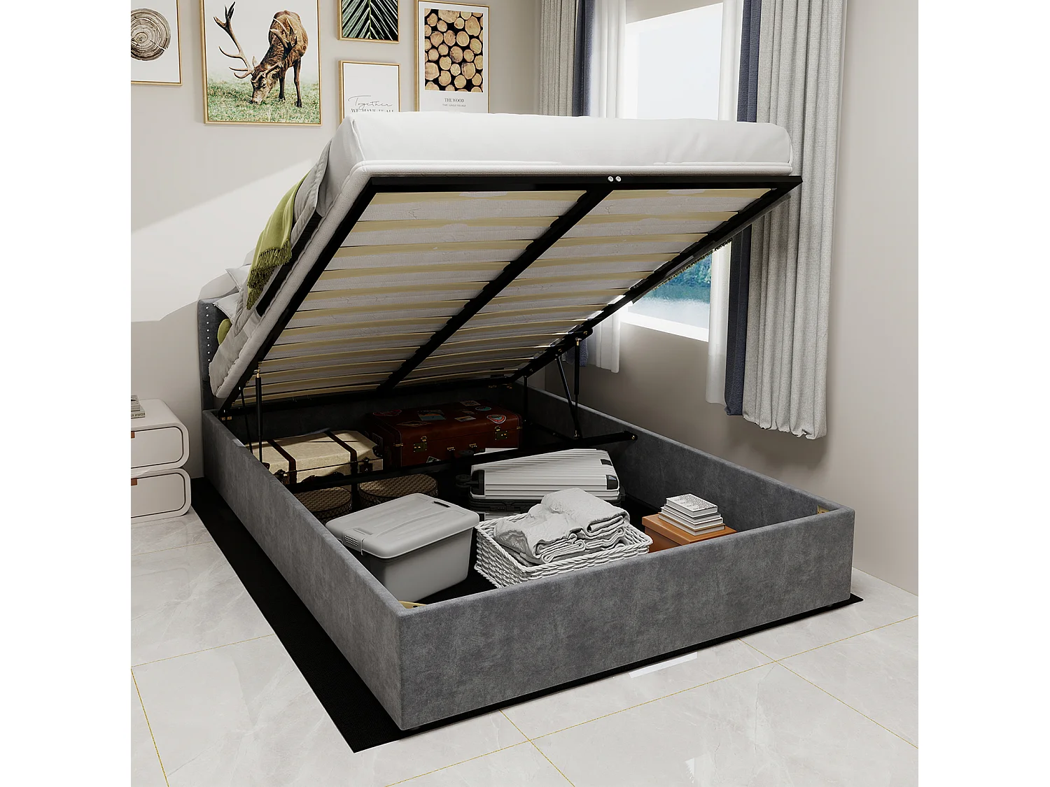 Cama con canapé 160 x 200 cm - Cama para adultos con cabecero suave y espacio de almacenaje - terciopelo holandés gris - colchón no incluido