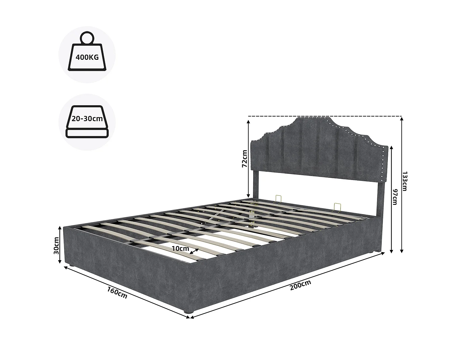 Cama con canapé 160 x 200 cm - Cama para adultos con cabecero suave y espacio de almacenaje - terciopelo holandés gris - colchón no incluido