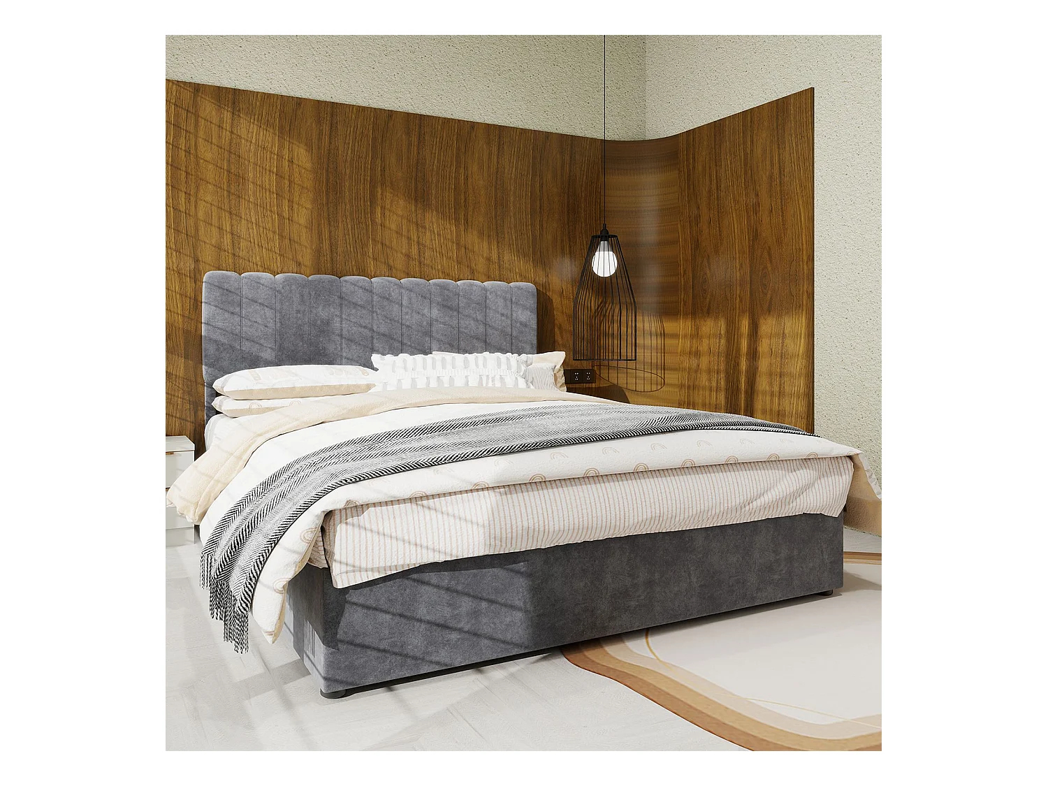 Lit adulte 160 x 200 cm - Lit avec tête de lit moelleuse et rangement - velours gris - matelas non inclus