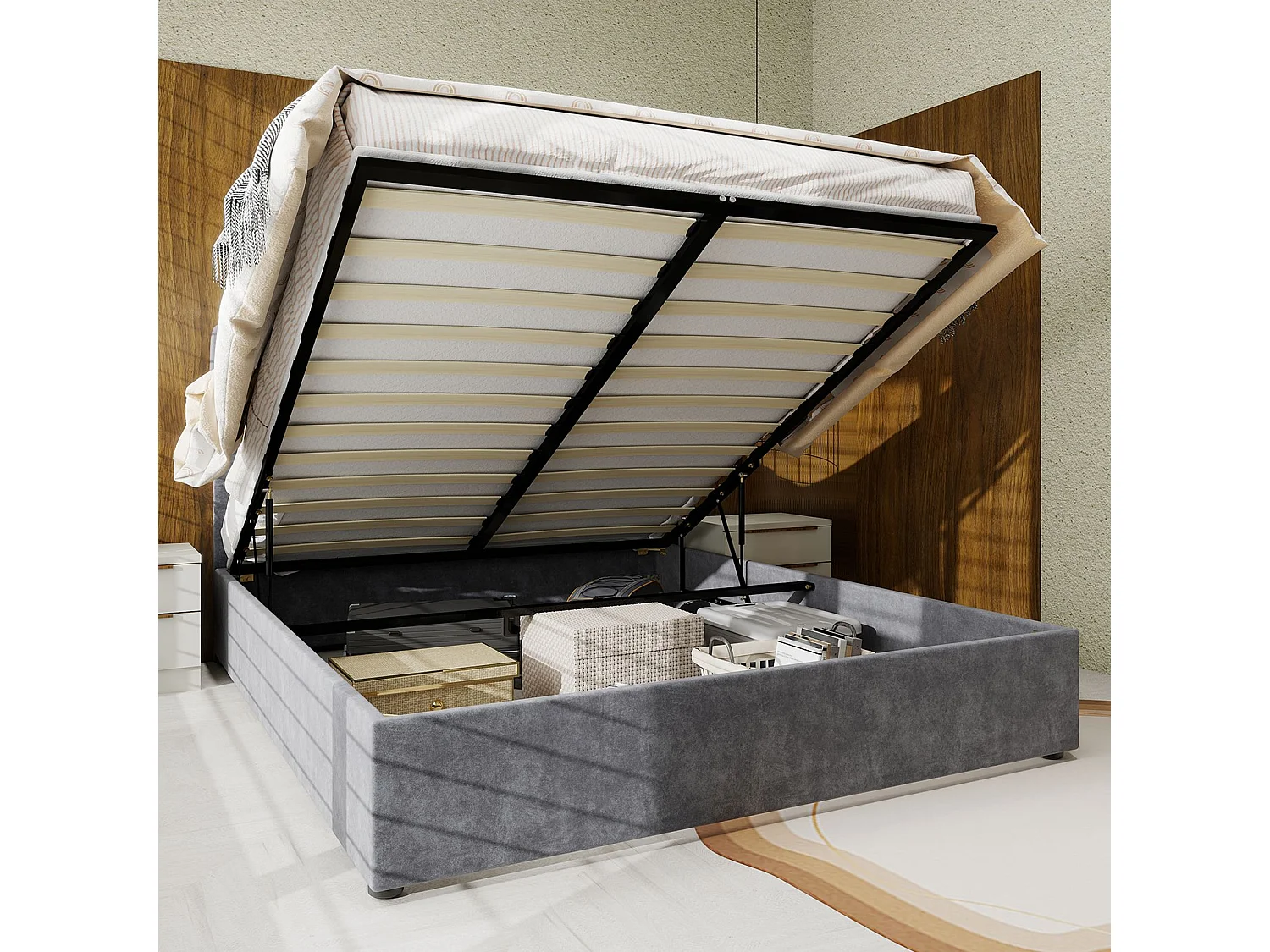 Lit adulte 160 x 200 cm - Lit avec tête de lit moelleuse et rangement - velours gris - matelas non inclus