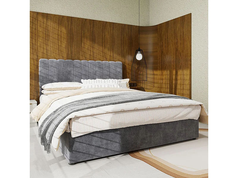 Cama de adulto 160 x 200 cm - Cama com cabeceira macia e arrumação - veludo cinzento - colchão não incluído