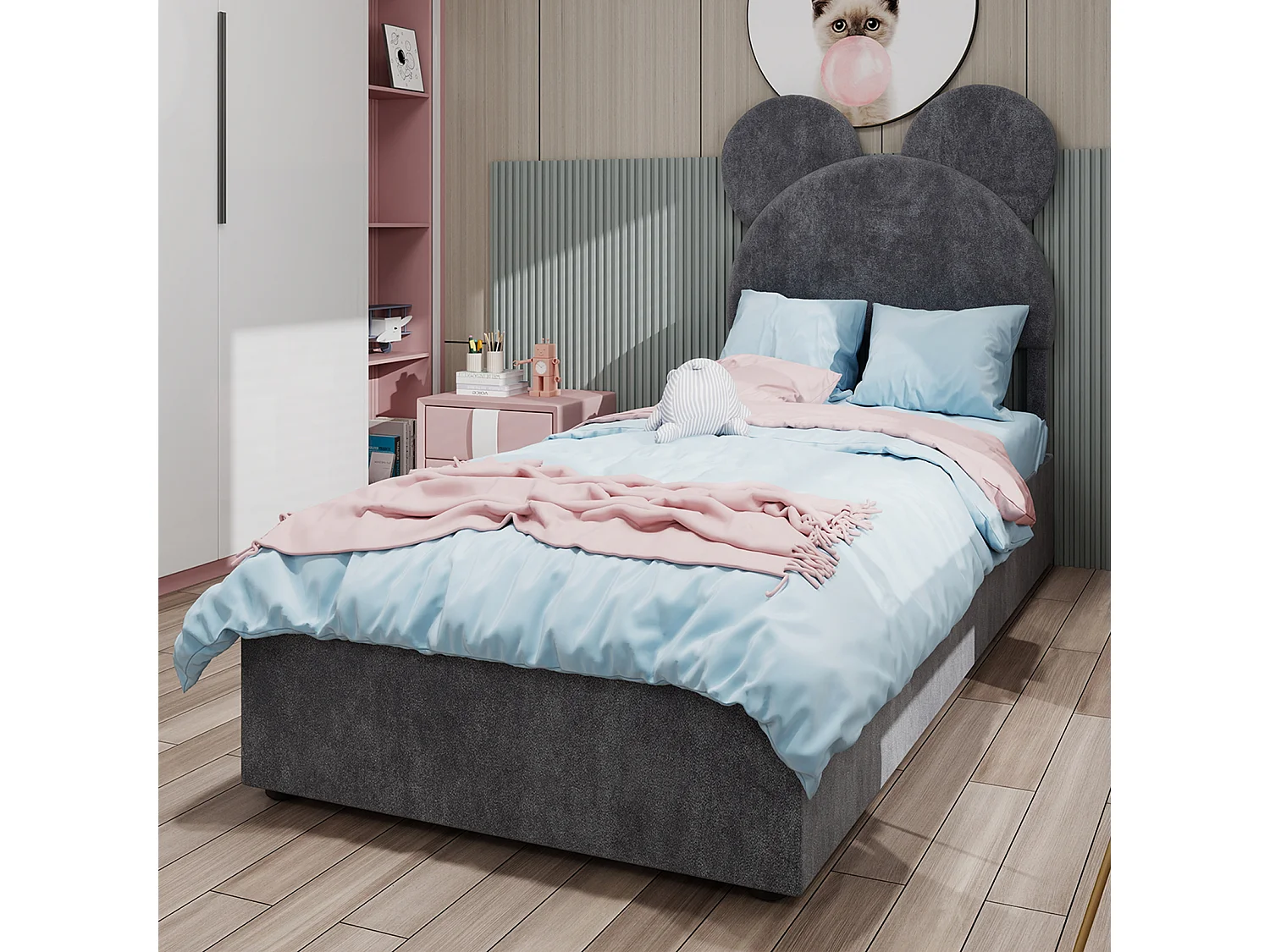 Lit coffre 90 x 200 cm - Lit enfant avec tête de lit en forme de dessin animé et sommier - velours gris - matelas non inclus