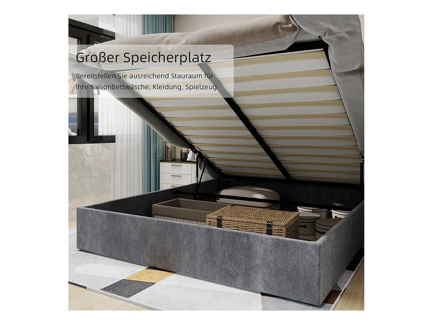 Lit coffre 90 x 200 cm - Lit enfant avec tête de lit en forme de dessin animé et sommier - velours gris - matelas non inclus