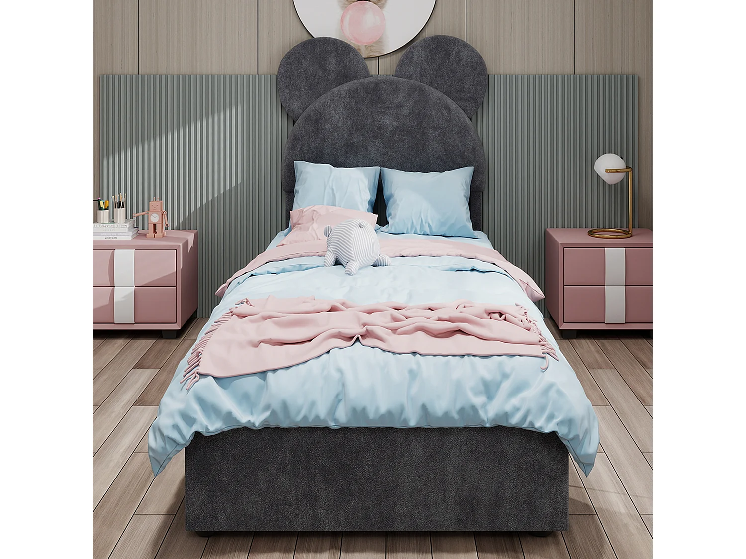 Cama com arrumação 90 x 200 cm - Cama de criança com cabeceira e base de desenho animado - veludo cinzento - colchão não incluído