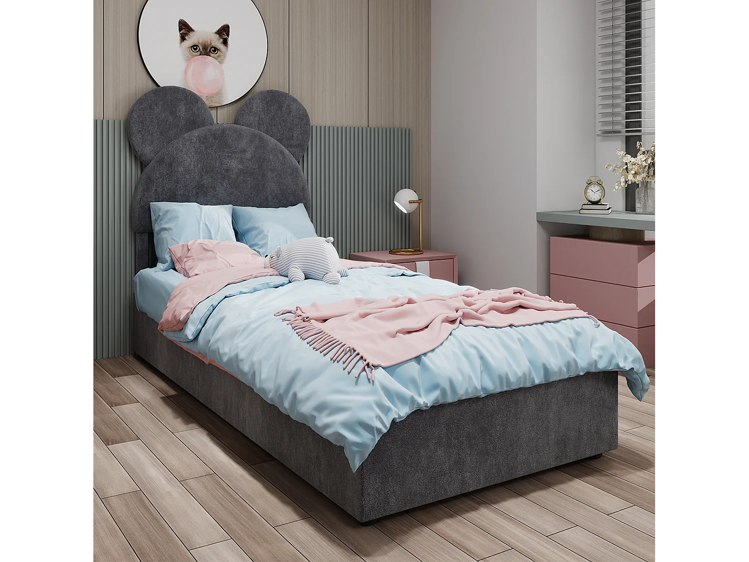 Cama com arrumação 90 x 200 cm - Cama de criança com cabeceira e base de desenho animado - veludo cinzento - colchão não incluído