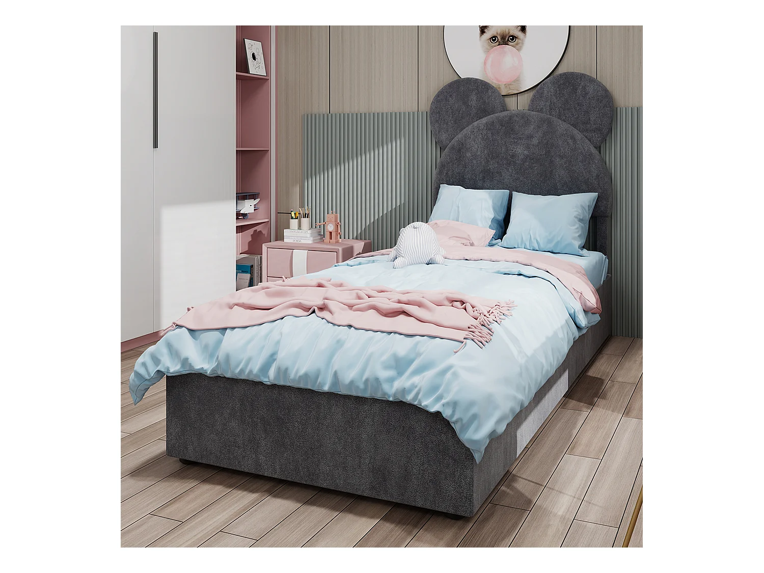 Lit coffre 140 x 200 cm - Lit enfant avec tête de lit en forme de dessin animé et sommier - velours gris - matelas non inclus