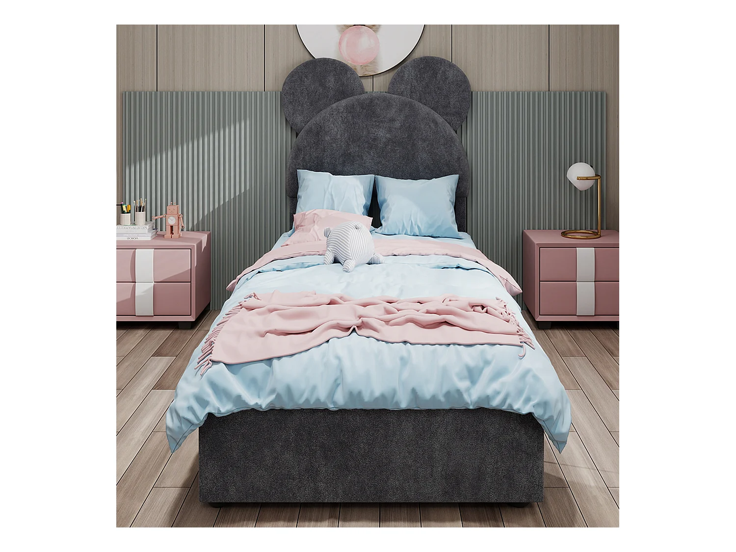 Lit coffre 140 x 200 cm - Lit enfant avec tête de lit en forme de dessin animé et sommier - velours gris - matelas non inclus
