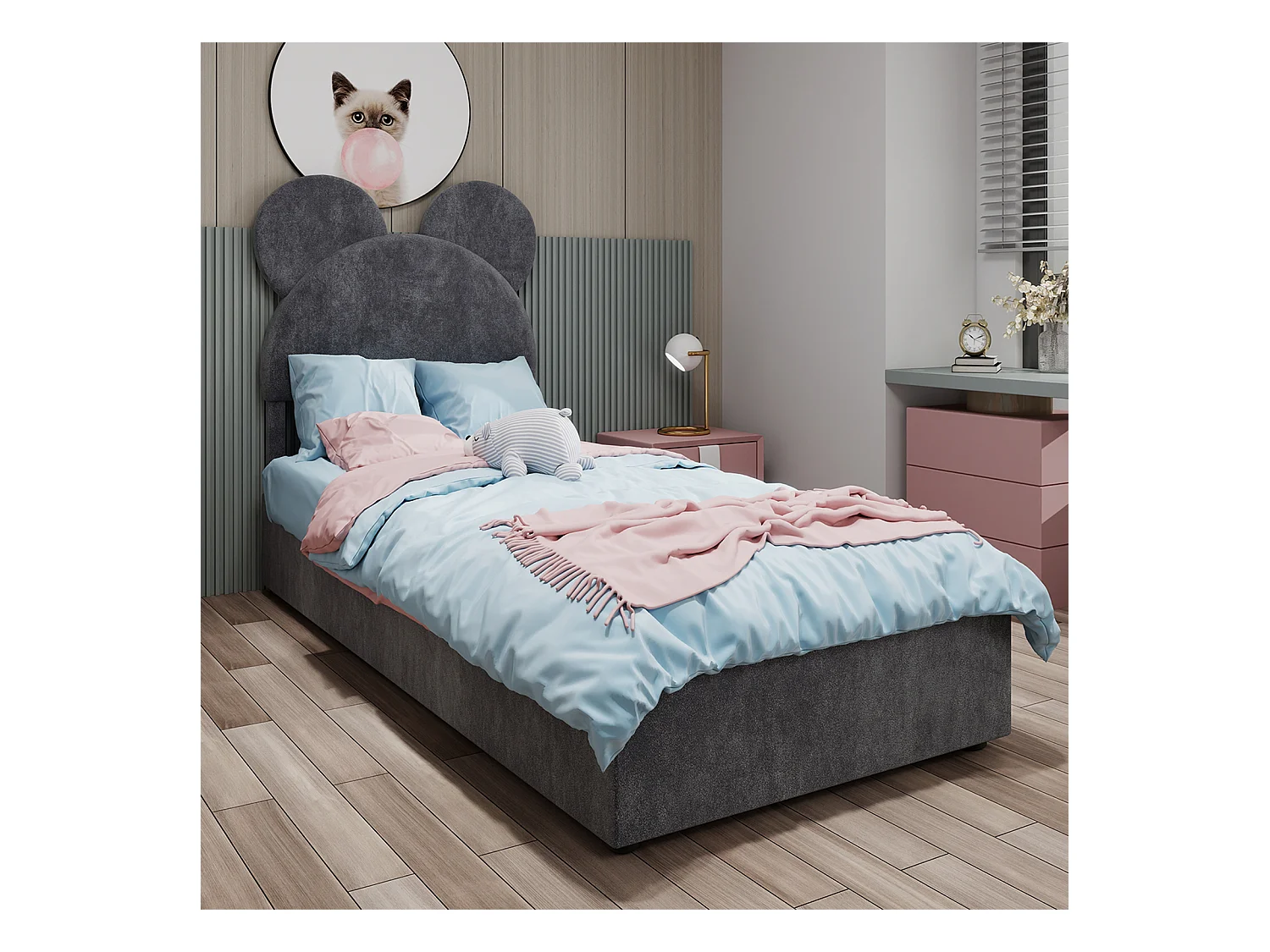 Lit coffre 140 x 200 cm - Lit enfant avec tête de lit en forme de dessin animé et sommier - velours gris - matelas non inclus