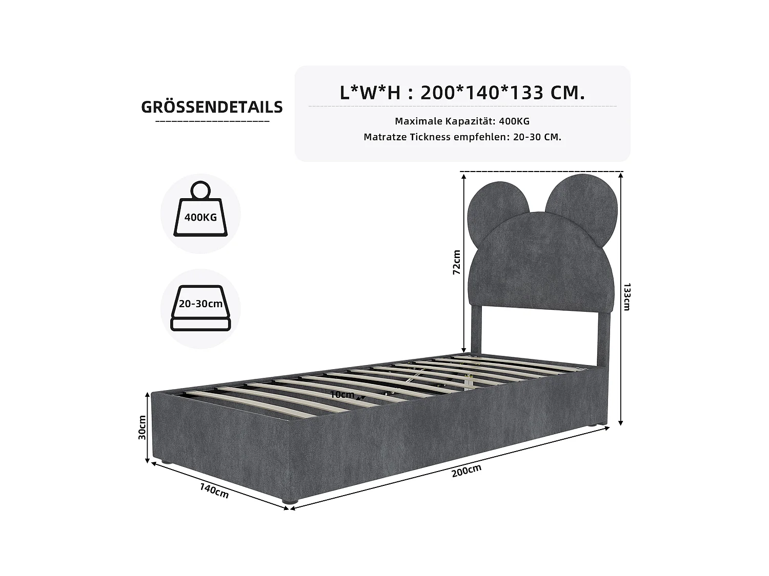 Lit coffre 140 x 200 cm - Lit enfant avec tête de lit en forme de dessin animé et sommier - velours gris - matelas non inclus