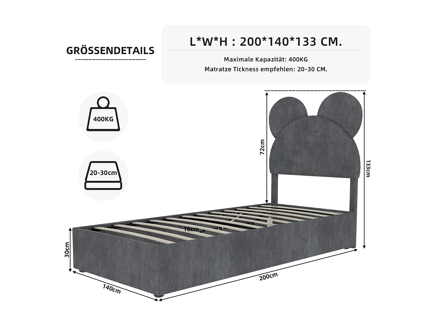 Cama com arrumação 140 x 200 cm - Cama de criança com cabeceira e base de desenho animado - veludo cinzento - colchão não incluído