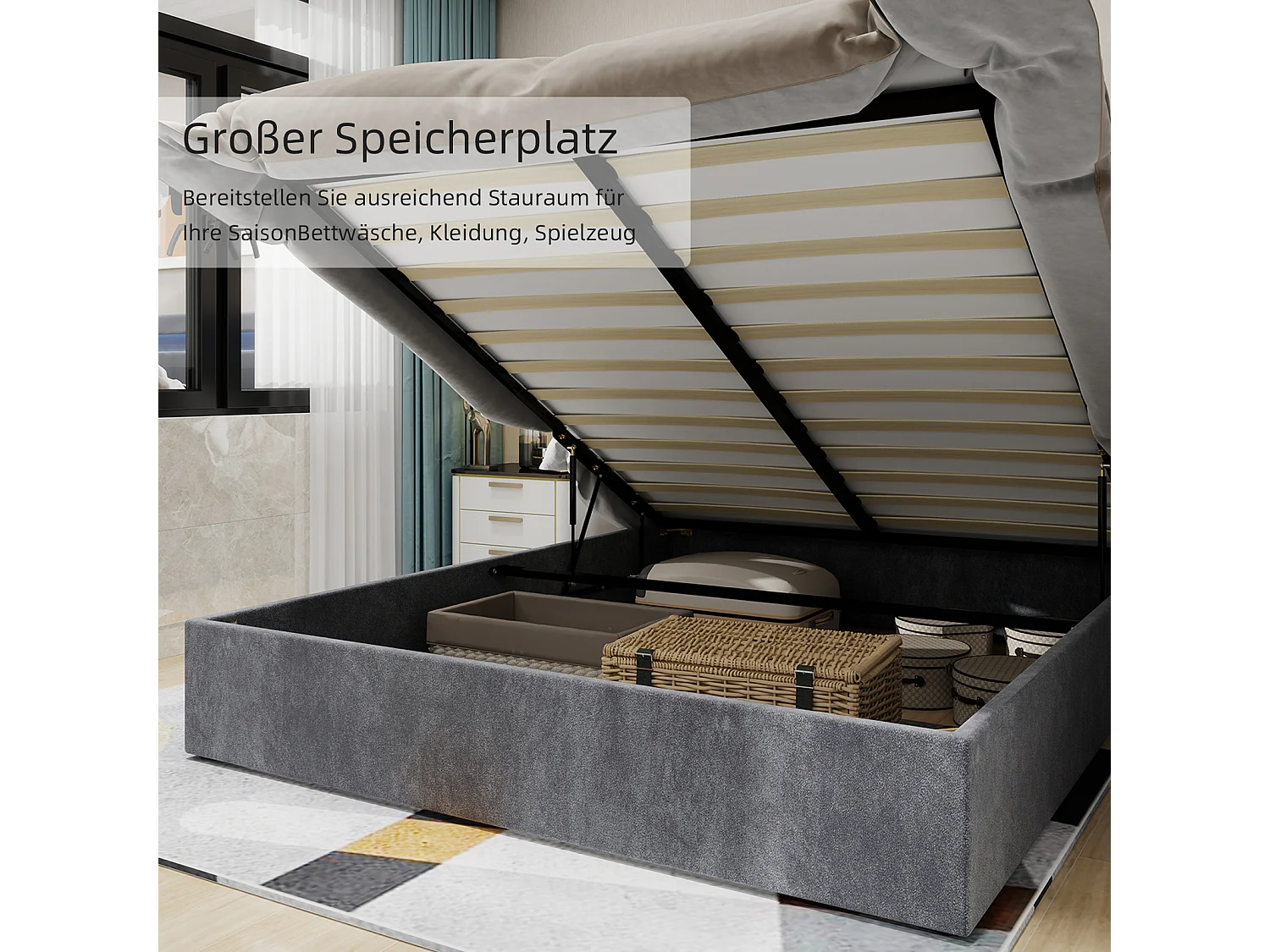 Cama com arrumação 140 x 200 cm - Cama de criança com cabeceira e base de desenho animado - veludo cinzento - colchão não incluído