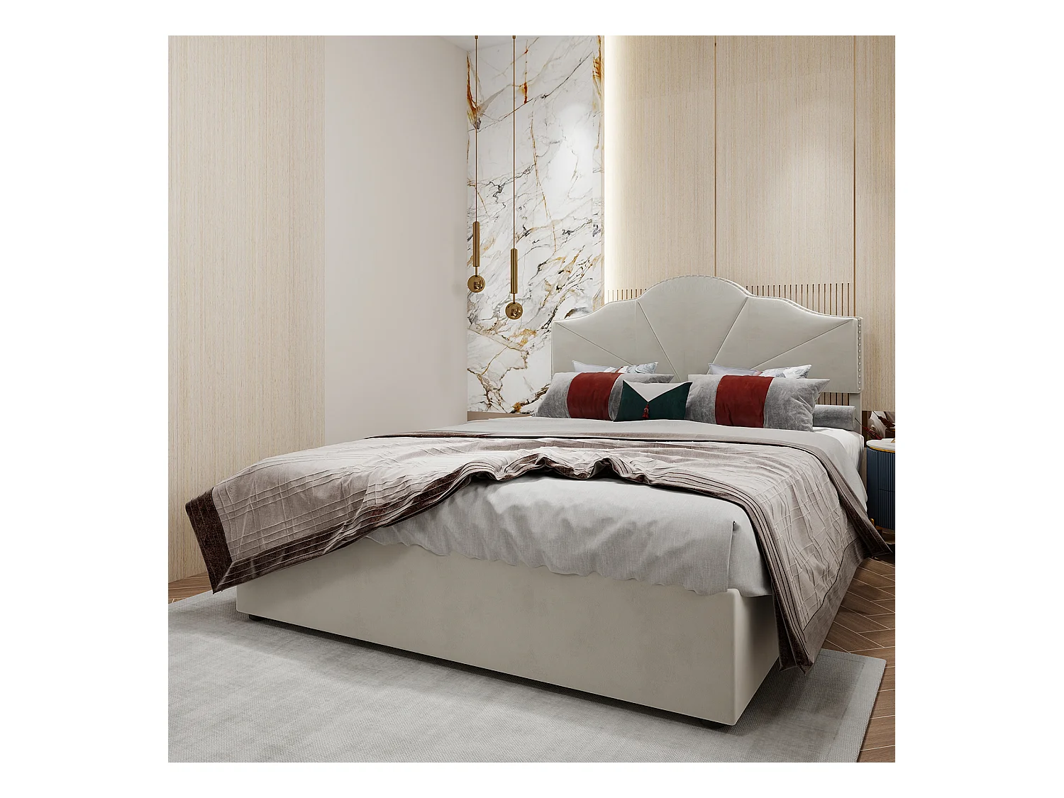 Lit coffre 160 x 200 cm - Lit double avec tête de lit moelleuse et rangement - velours beige - matelas non inclus