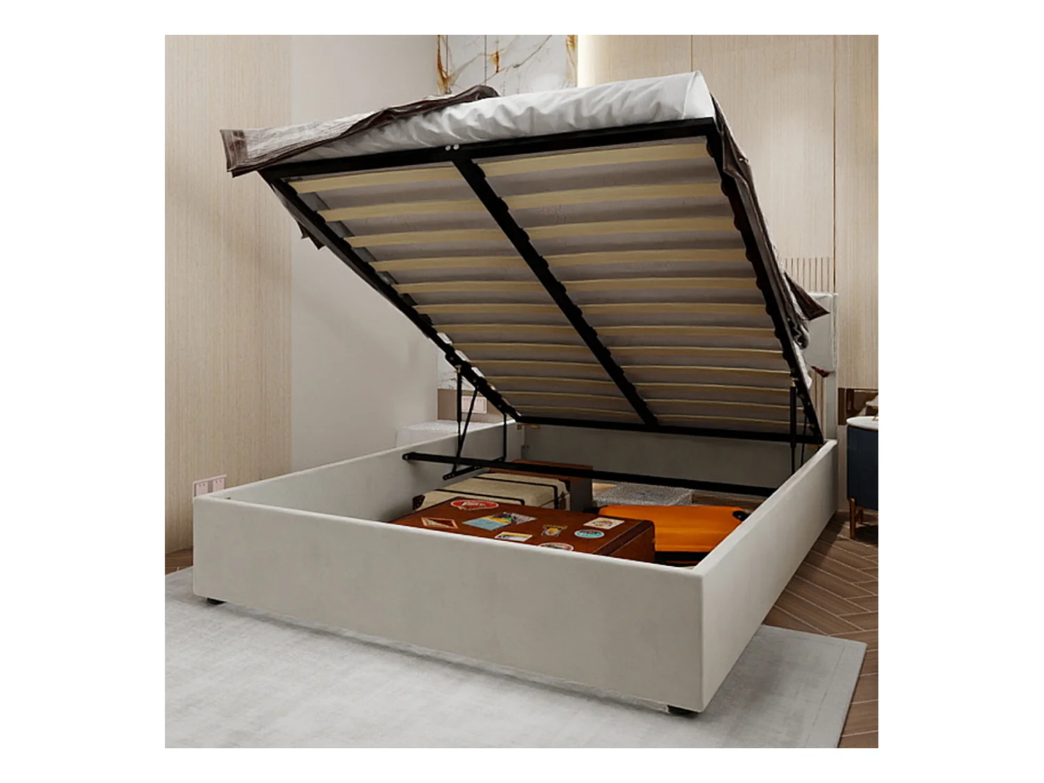 Lit coffre 160 x 200 cm - Lit double avec tête de lit moelleuse et rangement - velours beige - matelas non inclus
