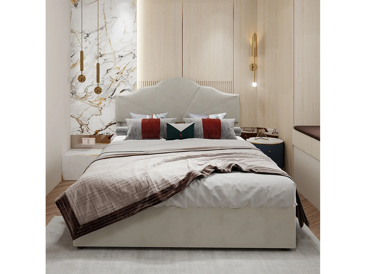 Cama con canapé 160 x 200 cm - Cama doble con cabecero suave y canapé - terciopelo beige - colchón no incluido